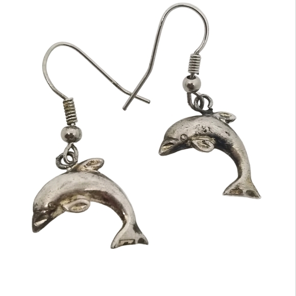 VINTAGE STERLING SILVER DOLPHIN DROP HOOK EARRINGS - Picture 1 of 4